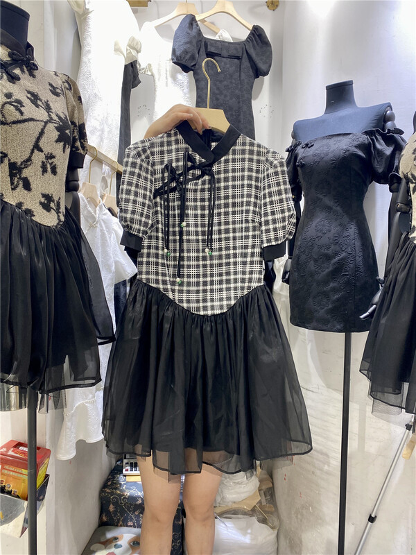 [huazi] little women's stand collar Plaid thin color matching dress ys1-907\jj