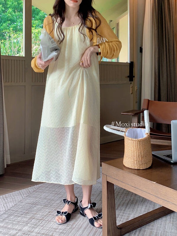 [Moxi] Korean simple and versatile wavy suspender dress 56568\xj