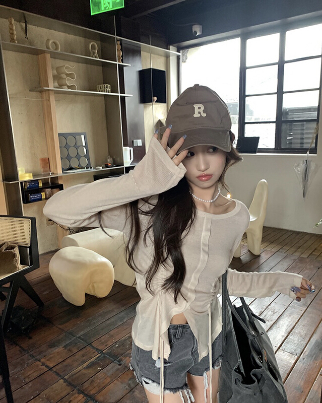 [Amanda] drawstring versatile solid simple shirt 9678\pcz
