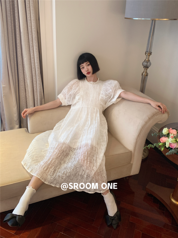 [s.room] round neck bubble sleeve loose dress 2358\lsl