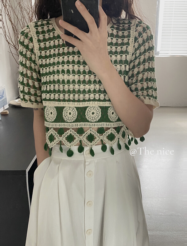 [the nice] round neck Pullover contrast Crochet shirt 00361\hjy