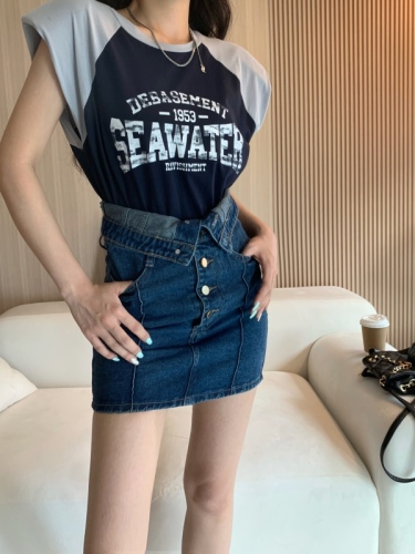 Real shot real price Hong Kong Style foreign style right angle shoulder loose T-shirt super high waist slim breasted two wearing skirt jeans skirt
