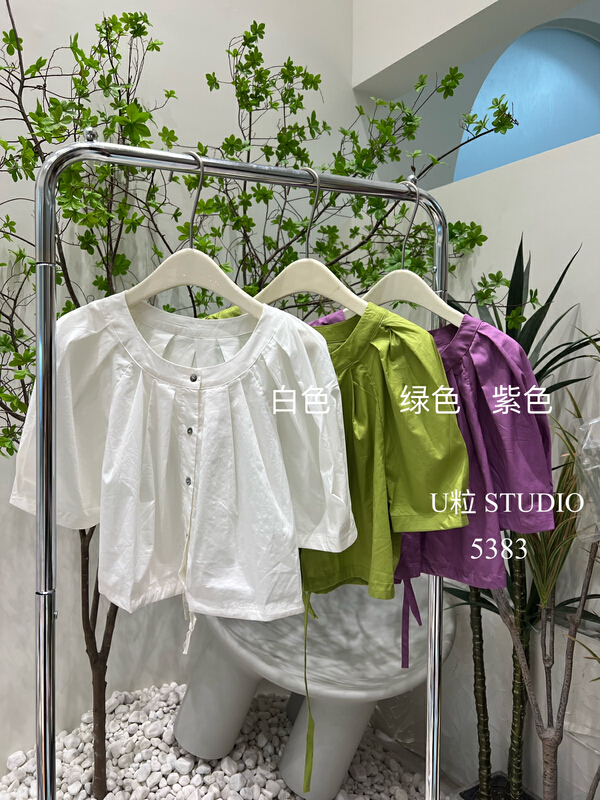 [U grain] fresh and fashionable round neck single breasted pleated shirt ys1-5383\fhx