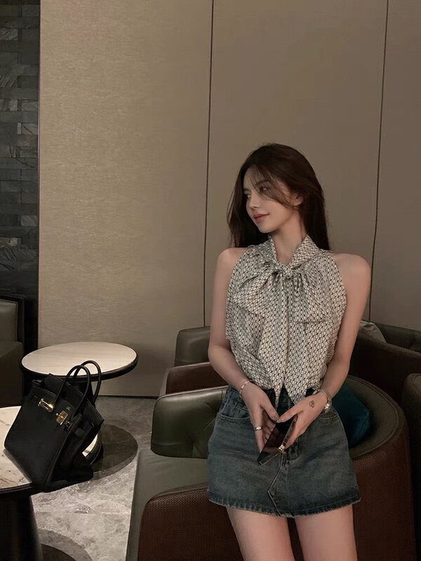 [x · h studio] gentle off the shoulder sleeveless design lace up blouse 6846\ozq
