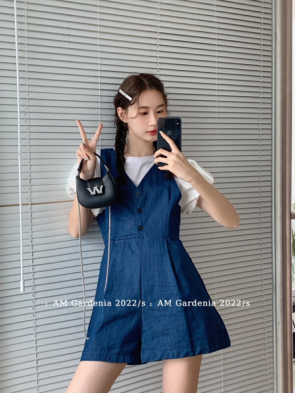 [am Gardenia] bubble sleeve round neck short sleeve T-shirt + denim strap skirt set 3652\zxx