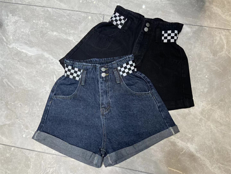 [Han Xier] high waist check design versatile casual denim shorts 3003\hbx
