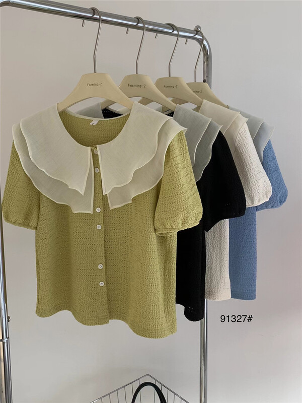 [forming-z] Korean style contrast color lotus leaf collar versatile shirt 91327\csx