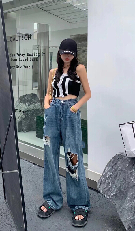 [Lala] Korean fashion, hole breaking design, loose and versatile jeans 8908\wtt