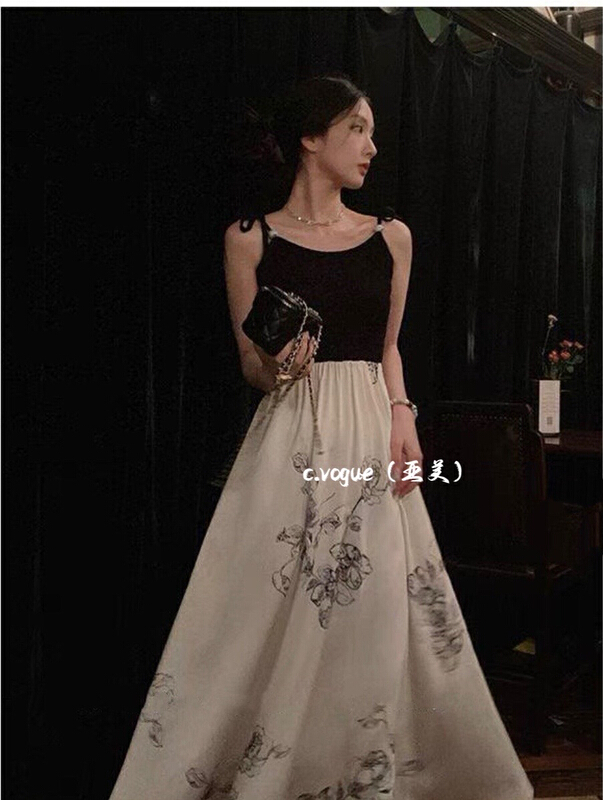 [c.vogue] French temperament retro patchwork contrast suspender dress 5833\pcz
