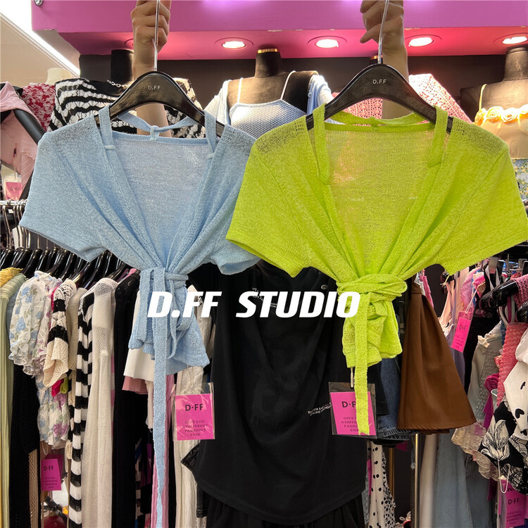 [d.ffstudio] solid color short sleeve lace up knit cardigan 1241\wtt