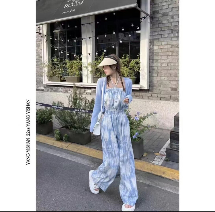 [Bingbing] simple solid color shirt + tie dyed one shoulder Jumpsuit set 8236\csx