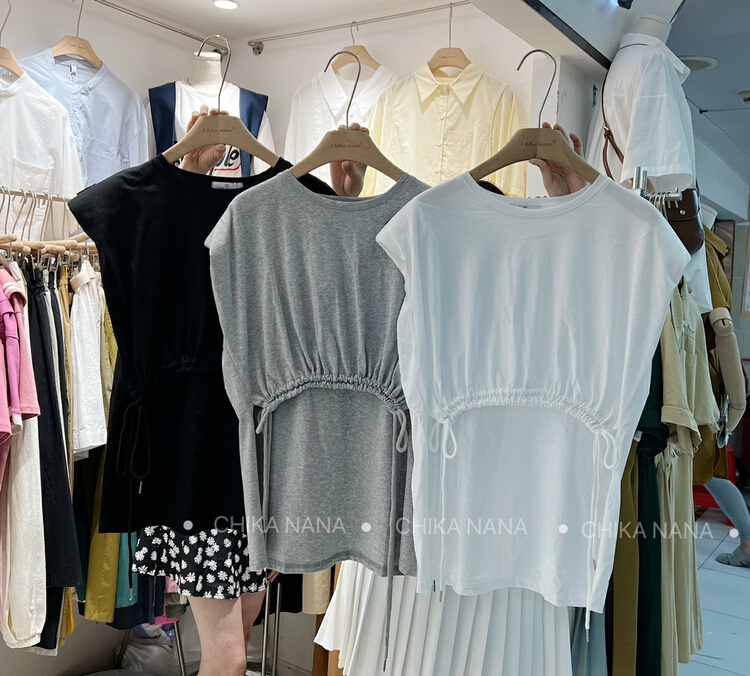[chika.nana] design sense round neck shoulder pad sleeveless casual casual versatile small front short back long tank top / sling 01113\jj