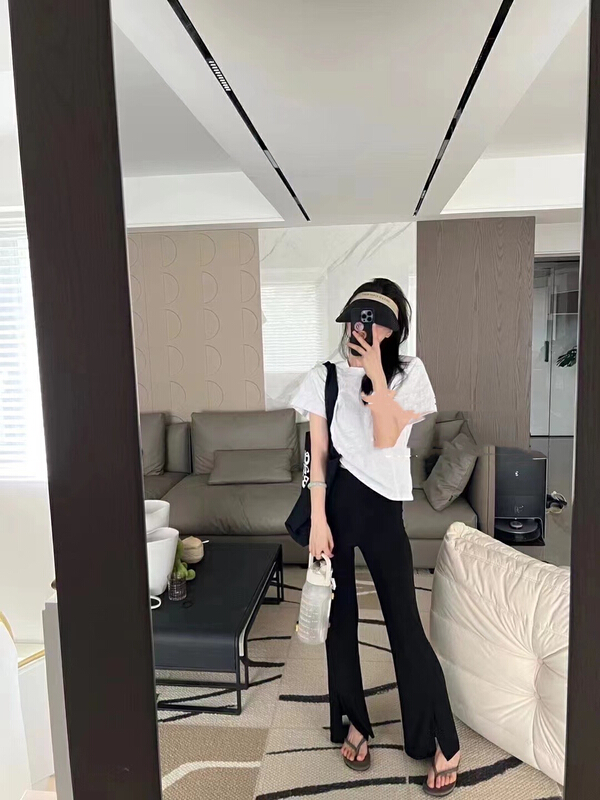 [lidada] solid color versatile short sleeve T-shirt + slit casual pants two piece suit 2703\hbx