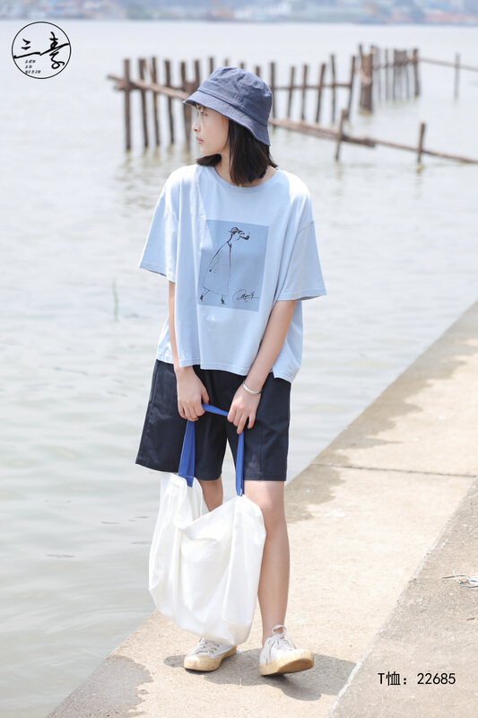 [original of three plain clothes] literary style printed short sleeve T-shirt 22685\xyj