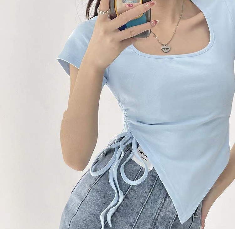 [Fanfan] fashion temperament square neck drawstring Korean small shirt (only selling small shirts) 5976\jj