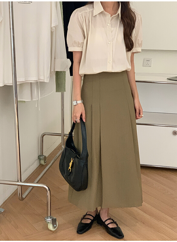 [the mind] 2022 Korean summer new product solid color temperament high waist pleated slim skirt 60531\jhy