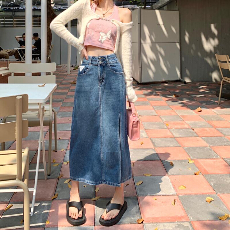 [ten.] Korean version ins Retro High Waist thin slit denim skirt 36977\wpl