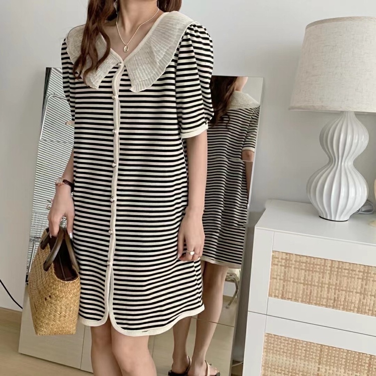 [Duomi] design sense lace large lapel stripe dress 8372\zxl