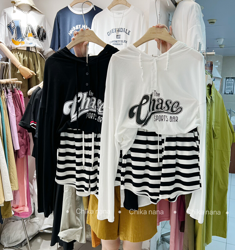 [chika.nana] Korean slim letter printed hooded long sleeve T-shirt + elastic waist casual Shorts Set 1156\jj