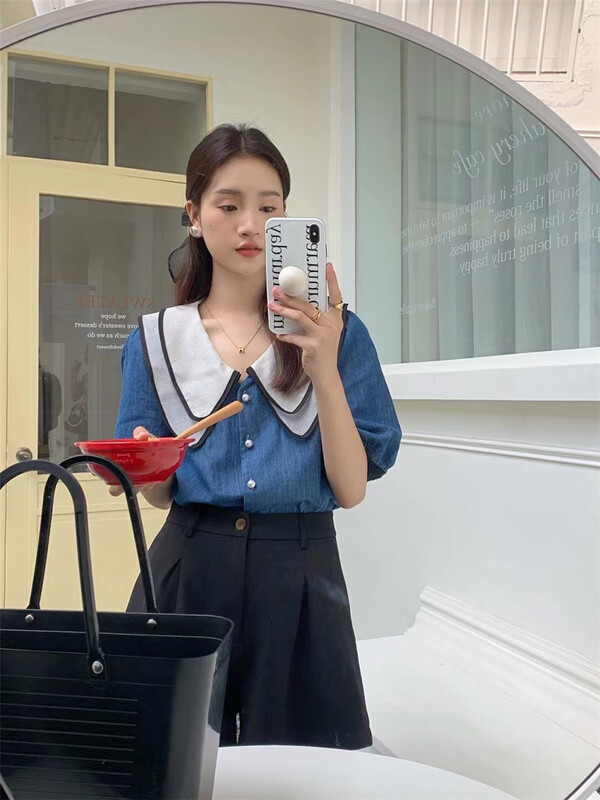 [Lina] double layer baby collar Denim Short shirt 9085\zxx