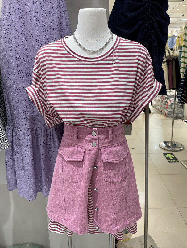 [DT] round neck loose stripe short sleeve T-shirt (T-shirt only) q9912\lwy