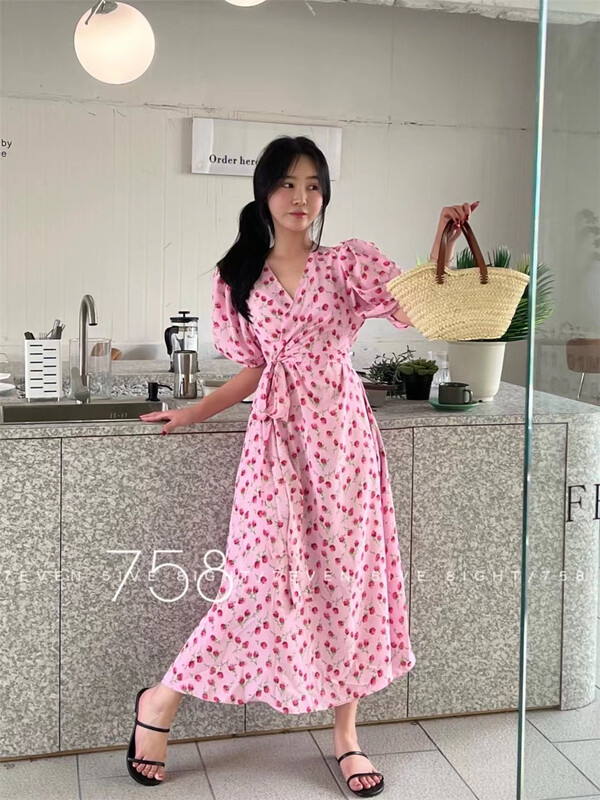 [7even5ive8eight] V-neck bubble sleeve one piece dress 1886\hjy