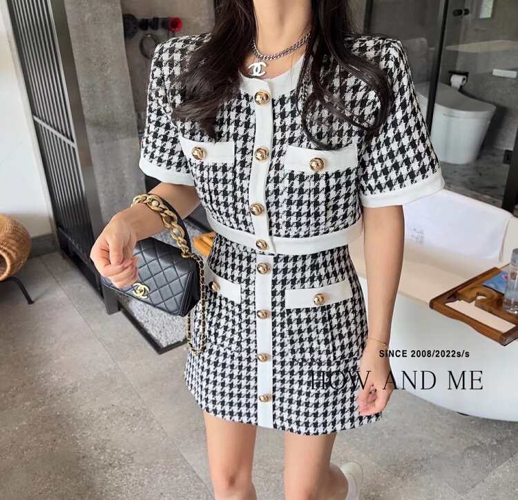 [how and me] French Chiffon short breasted blouse + slim skirt two piece suit 7126\lsl