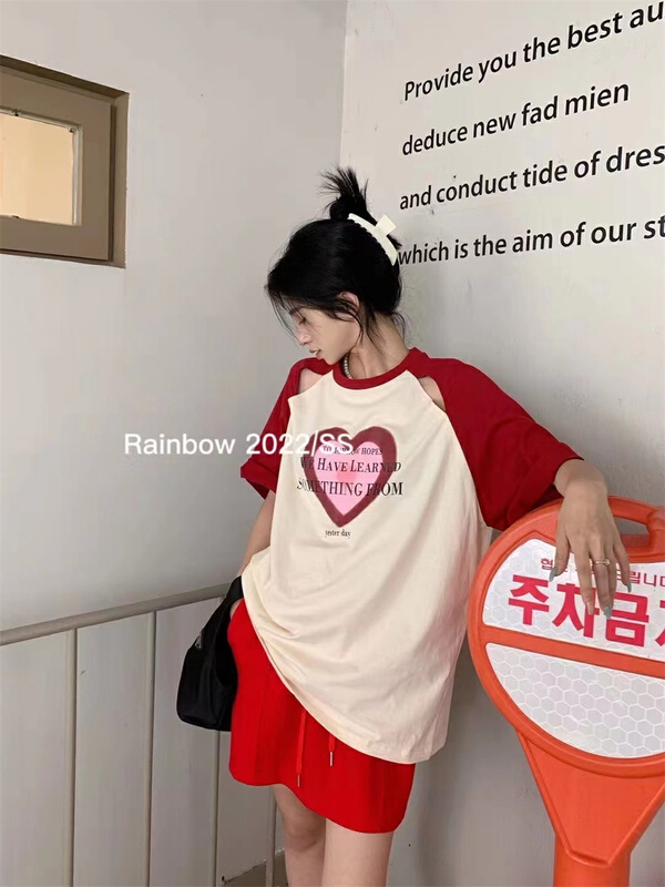 [seven 7] love letter print off shoulder design Short Sleeve T-shirt 8268\wtt