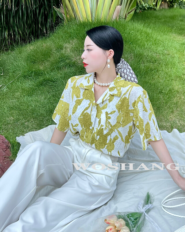 [woshang] 2022 summer new suit collar women's new slim fit short sleeve design sense niche Print Shirt 1333\xyj