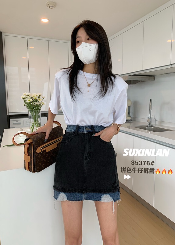 [suxinlan /youmo] Korean personalized color blocking design shows thin denim skirt 35376\cqw