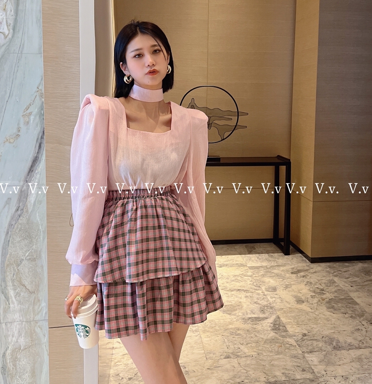 [v.v] Korean Plaid elastic waist cake skirt 8701\cqw