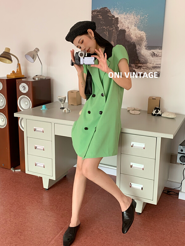 [onivinage oni] retro contrast lapel collar double breasted dress uh224o5589