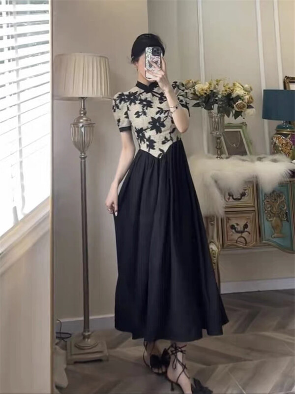 [Linna] French retro stand collar color matching dress 124665\jj