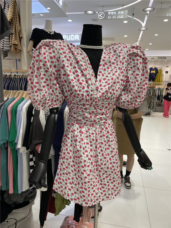 [goblin] Korean floral waist closing bubble sleeve dress 9680\wpl