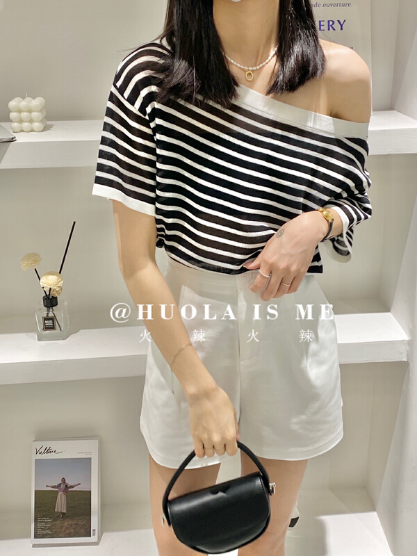 [hot Huola is me] two wear striped off shoulder short sleeve T-shirt 7629\jj