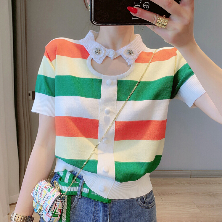 [f · P] sweet wind Lapel hollow Rainbow Stripe button knit 6245\hbx