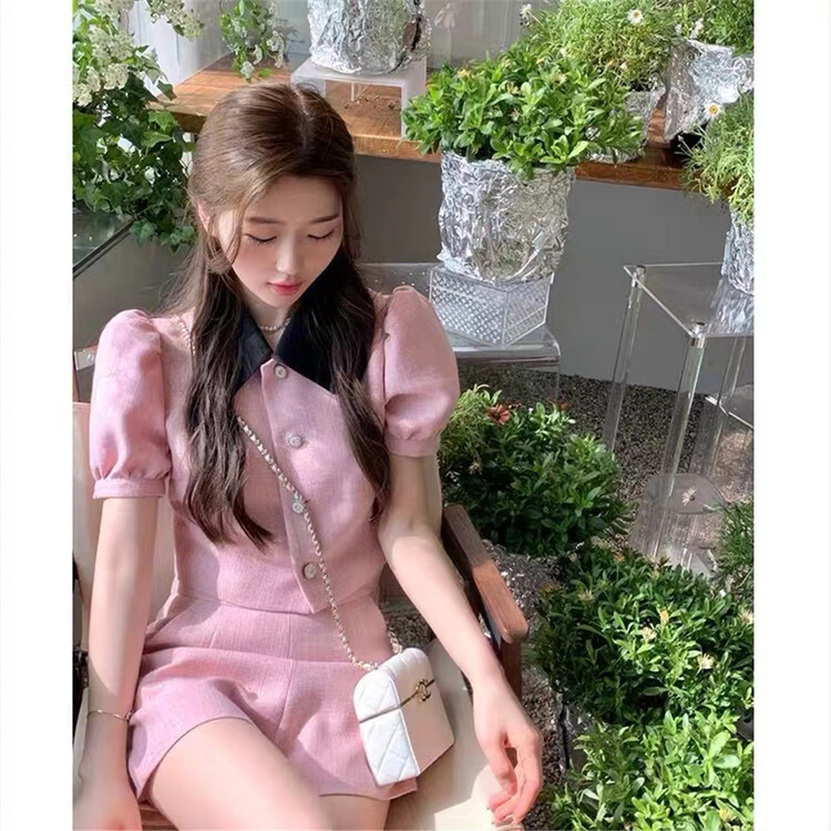 [Linna] fresh, simple and sweet button color matching shirt + simple and versatile solid color rest suit 1562\jj
