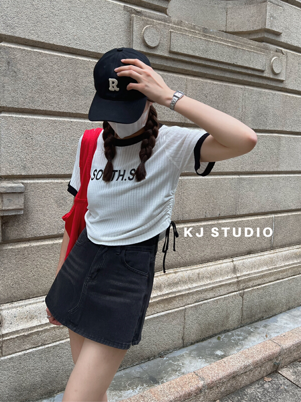[kJ] Korean design double drawstring letter printed T-shirt 8346\zxl