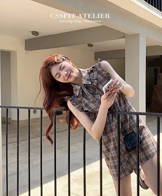 [x · h studio] an eye-catching Plaid small fly sleeve shirt dress (with waist rope) 1232\ozq