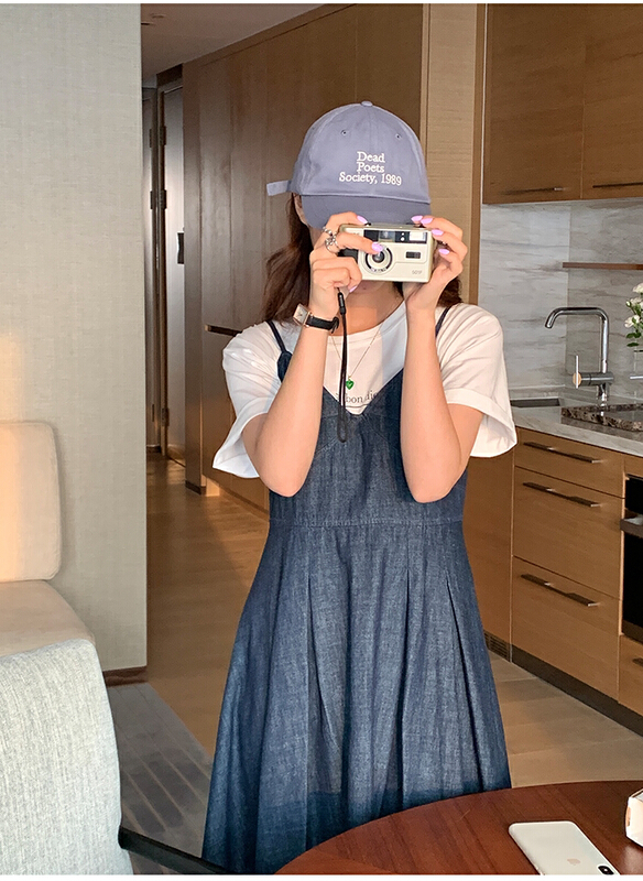[the mind] Korean version V-neck sling solid color denim dress 60360\xyj
