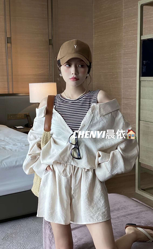 [Chenyi] fake two off shoulder design blouses + elastic waist drawstring casual Shorts Set 1027\xyy