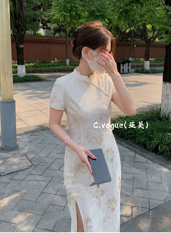 [c.vogue] retro buckle gold wire hook line improved cheongsam dress 5832\pcz