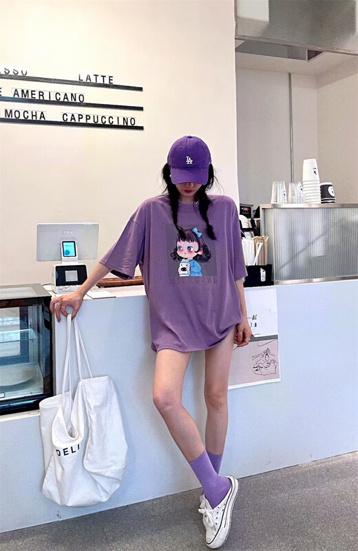 [al] casual loose cartoon print medium long short sleeve T-shirt 6627\wpl