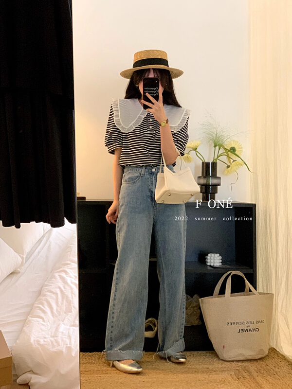 [f one] sweet casual Organza baby neck stripe short sleeve T-shirt 66216\wpl