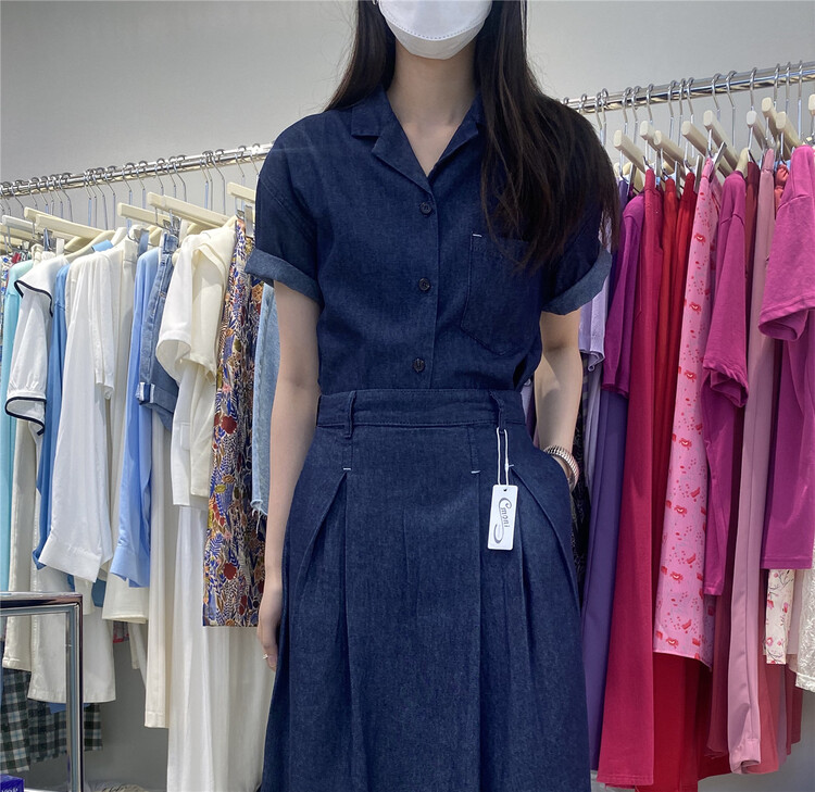 [emoni] Japanese simple short sleeve denim shirt (only selling tops) 11035\csx