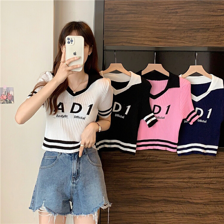 [f · P] college style turned V-neck contrast letter jacquard T-shirt 11075-5\hbx