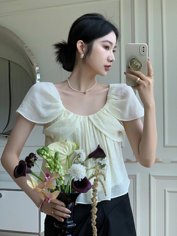 [strawberry] French fold retro comfortable shirt s898\l