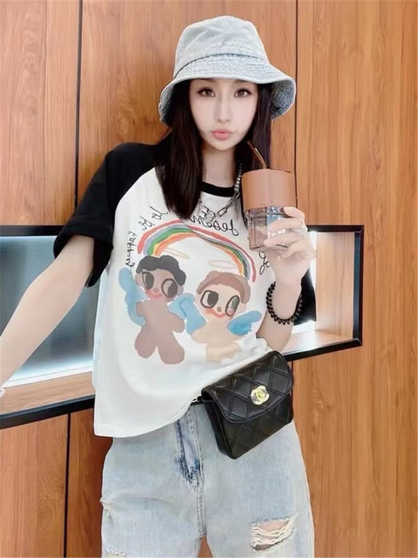 [Naikan NIK] Round neck loose pattern printed short-sleeved T-shirt 9760# GYJ