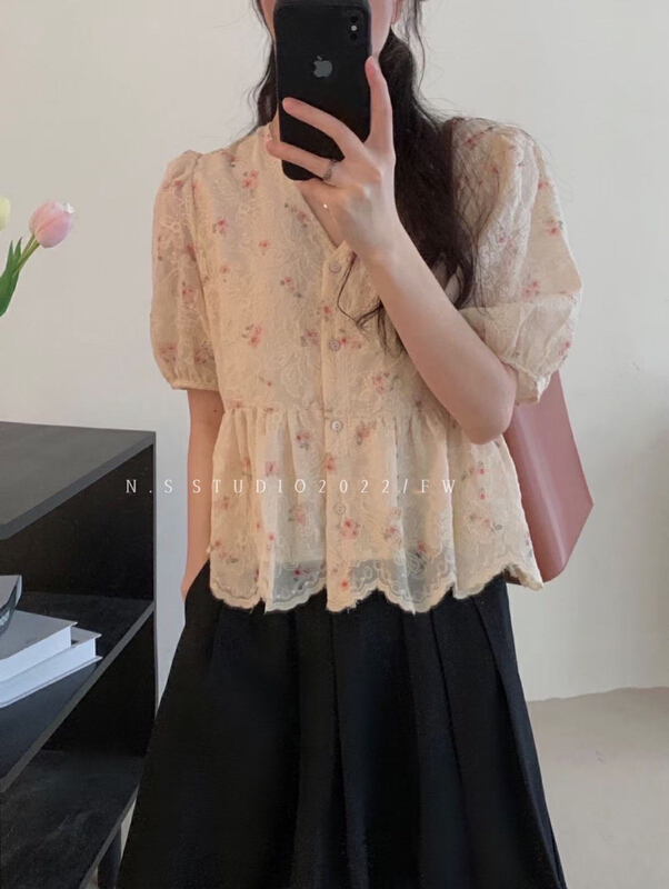 [N.S] retro style heavy industry Embroidery Floral Shirt 7829\wpl