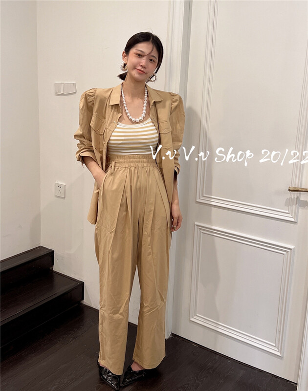 [v.v] simple loose fitting Vintage shirt + slim high waist casual pants set (without vest) 7388\zxx